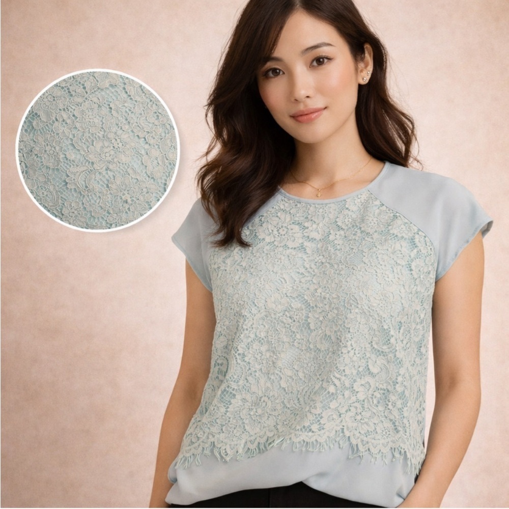 Chico’s Blue Lace Overlay Blouse | Size 1 (Medium 8) | Cap Sleeve
